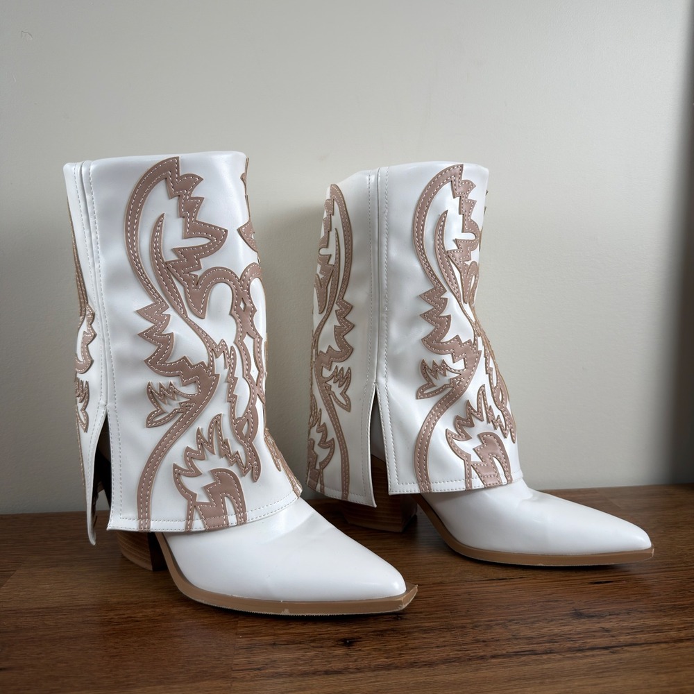 Azalea Wang White Foldover Cowboy Boots Western Applique Pointed Toe Size 8